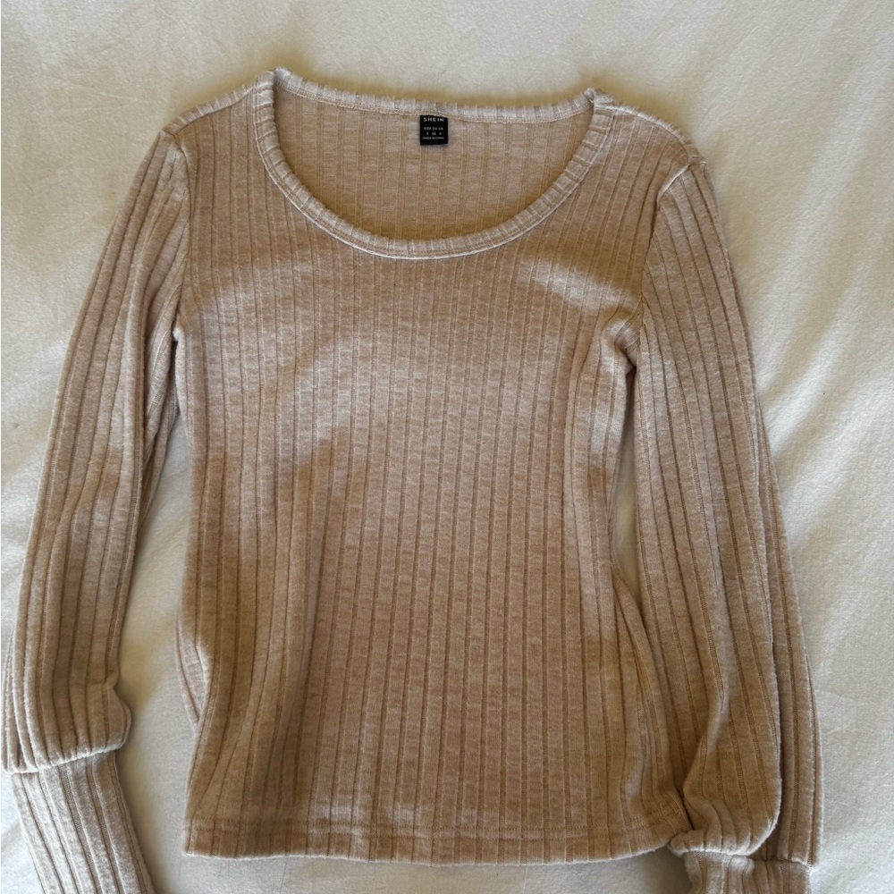 SHEIN Light Brown Ribbed Crew Neck Sweater